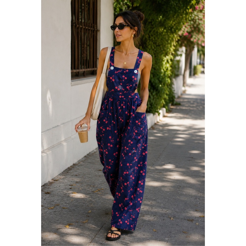 Loco Lindo Jumpsuit Women's Size M Navy Blue Excellent Cherry Print Rockabilly